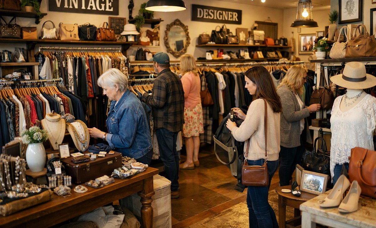 Shoppers browsing a consignment store